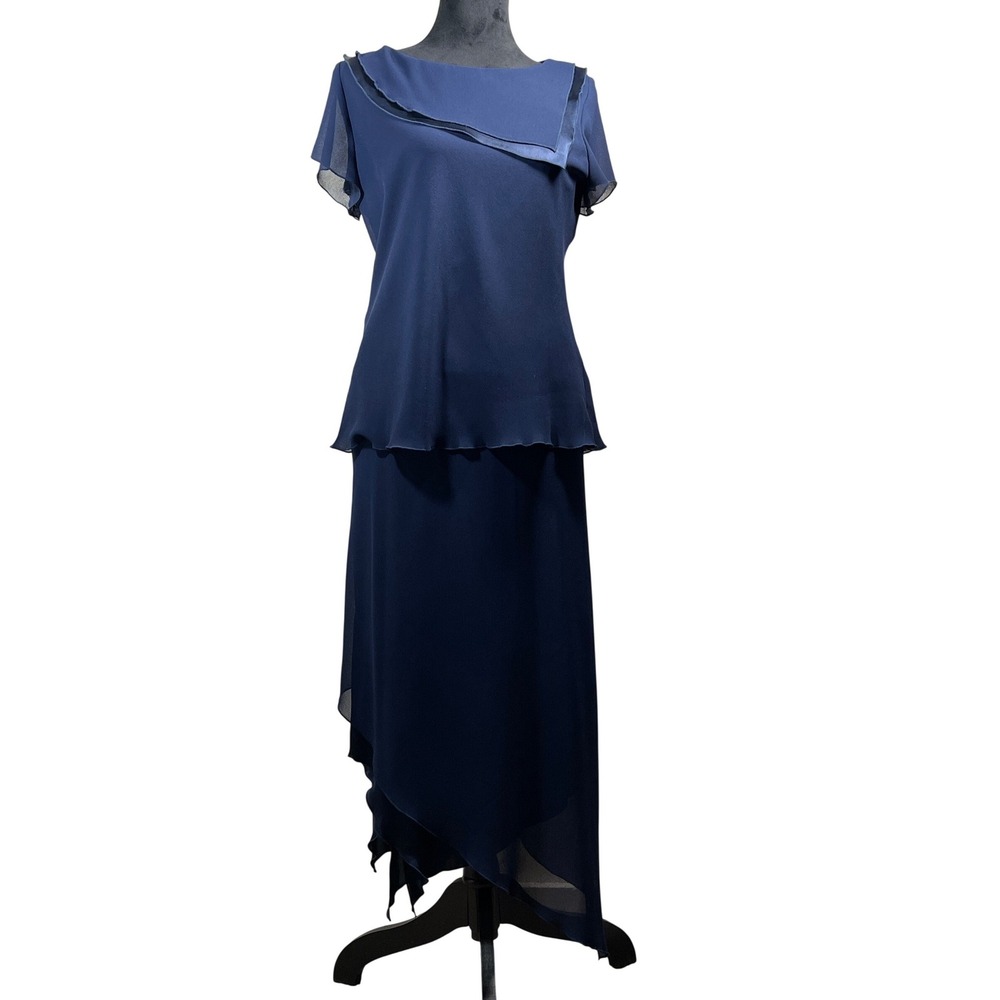 Miss Dorby Navy Blue‎ 2 Piece Skirt Set Asymmetrical Neck Handkerchief Hem 12